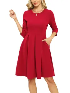 Elegant Women's Round Neck 7/8 Sleeve Dress, Slim-Fitting Work Formal Casual Party Dress with Pockets, Spring & Fall Fashion, Womenswear