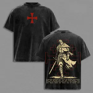 Christian Crusader Knight Vintage Washed Oversized T-Shirt, Heavy Cotton Faith Warrior Graphic Tee, Medieval Cross Knight Streetwear Shirt, Biblical Strength Apparel, Unisex Religious Gift for Christian Believers