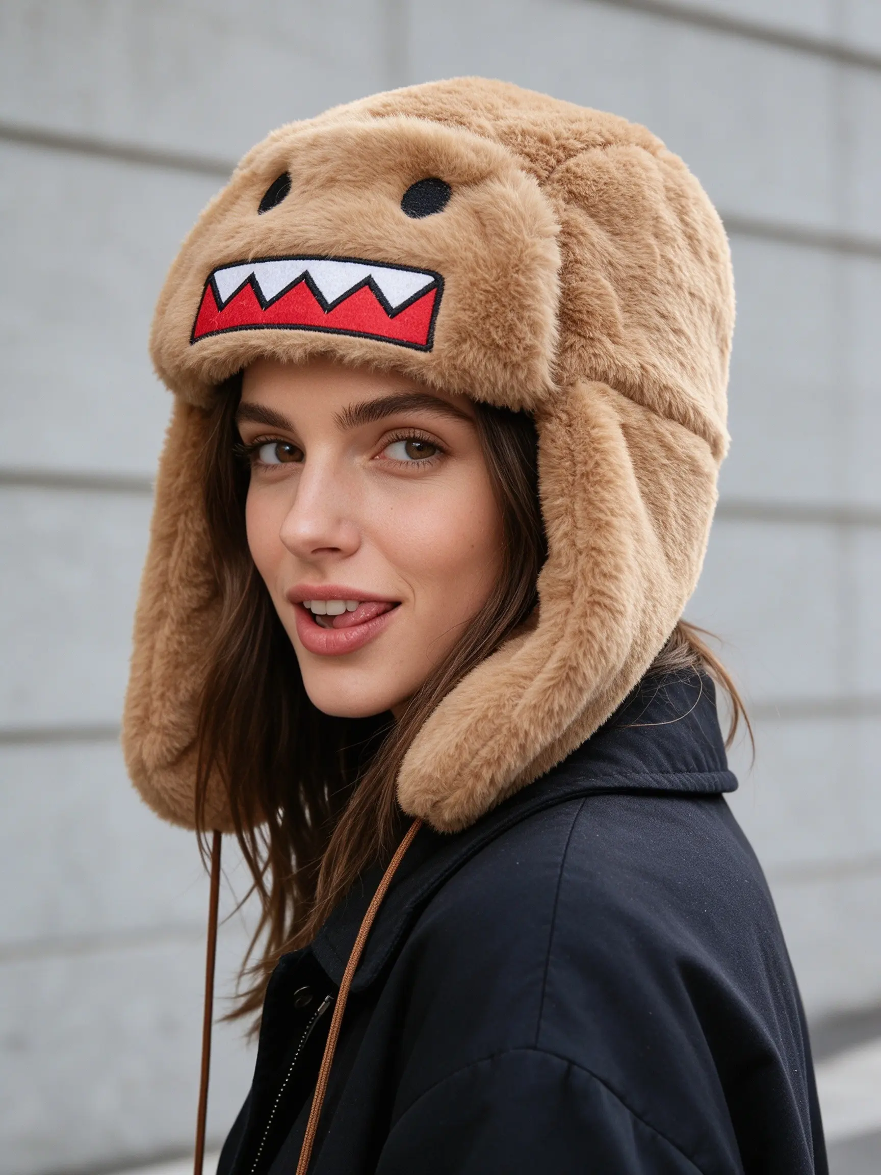 Winter novelty plush hat with a cartoon monster design—complete with teeth, long ear flaps, and ties. This warm, unisex, aviator-style winter hat features a Y2K aesthetic and makes for a fun, unique gift—perfect for Christmas.