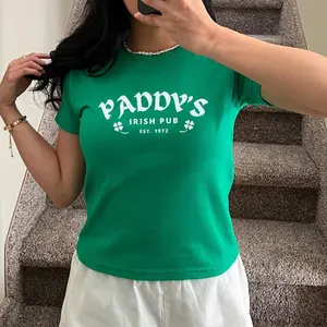 [Sale Up To 50%] Women's St Patricks Day Pub Logo Baby Tee, Shamrock Design, Irish Party Shirt, Festival Crop Top, Cool Girl Saint Pattys Day Party Shirt