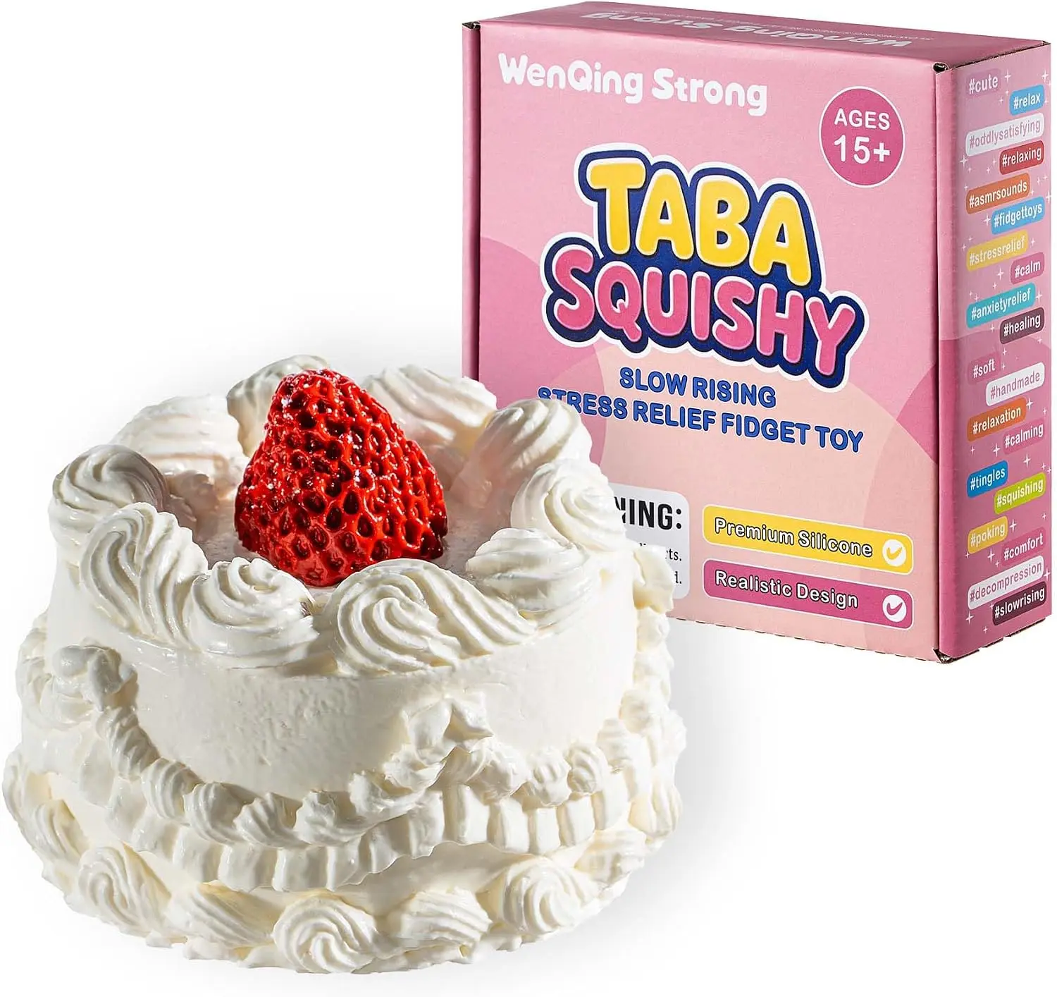 Strawberry Cream Cake Taba Squishy Toy, Slow Rising Squeeze Stress Relief Kawaii Fidget Premium Silicone Handmade Realistic Food Design Gift for Adults 15+ By WenQing Strong
