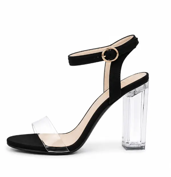 Women's Clear Block Heel Sandals – Black Ankle Strap Open Toe Dress Heels | Transparent 4-Inch Heel