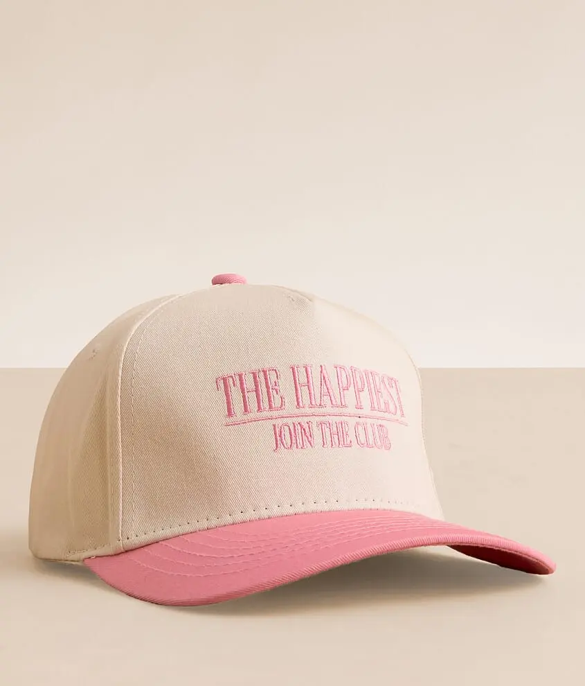 The Happiest Join The Club Embroidered Trucker Hat, Pink And Beige Snapback For Women, Positive Mindset Aesthetic Cap, Cute Everyday Motivational Accessory, Soft Girl Style Headwear