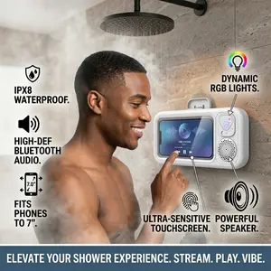 IPX5 Waterproof Shower Phone Holder with Built-in Bluetooth 5.3 Speaker, 360° Surround Stereo Sound Bathroom Phone Mount, Strong Suction Cup Design Universal Fit for All Smartphones