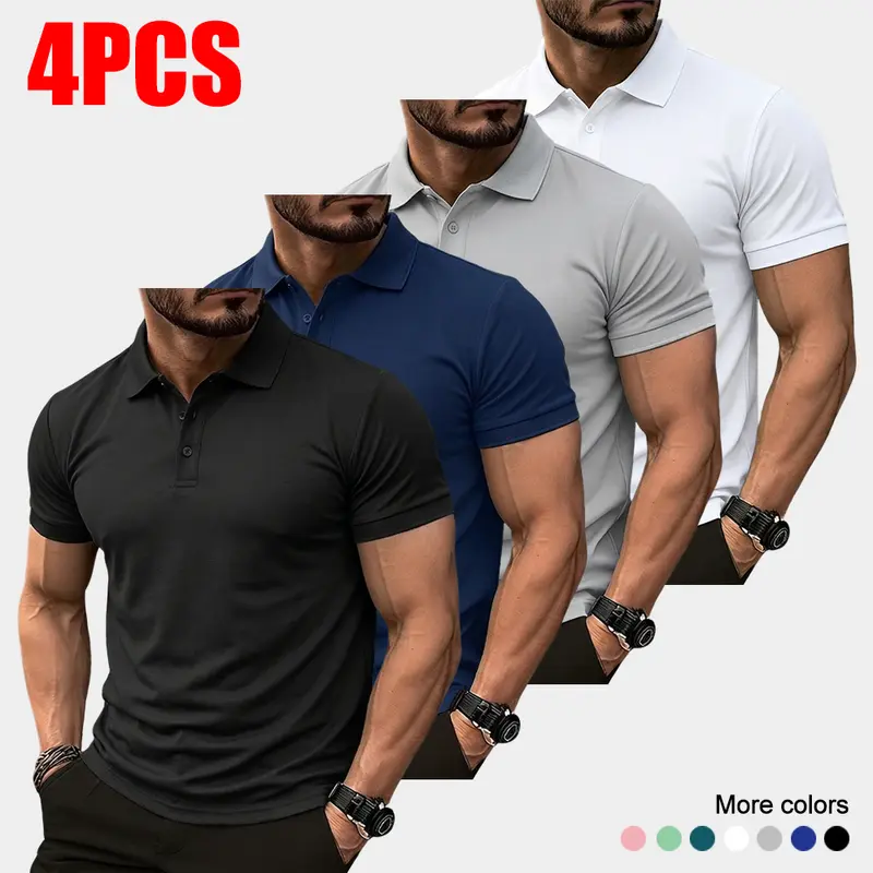 Men's 4-Pack Buttoned Polo Shirt Sets, Mens Basics, Short-Sleeve Pique Fabric, Breathable Slim Fit, Solid Color Classic Business Daily Top