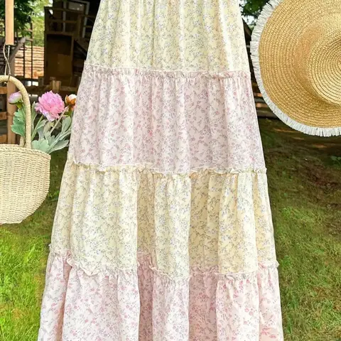 Women's Colorblock Floral Print Casual Boho Style Bohemian Aesthetic Woven Long Fitted Dress, Simple Daily Wear, Elegant Ladies' Clothing, Perfect for Spring, Summer & Fall Seasons, Skirt, Womenswear