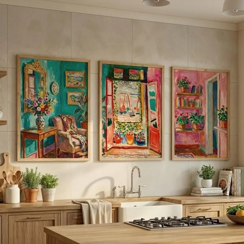 Matisse Open Window Print Set – Colorful Interior Triptych, Maximalist Gallery Wall No-frame