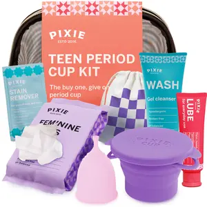 Pixie Cup Teen Menstrual Cup Kit - First Period Cup Starter Kit for Feminine Care - Wash, 20 Wipes, Lube, Public Restroom Carry Cup & Storage Bag - Everything You Need to Become A Successful Cup User