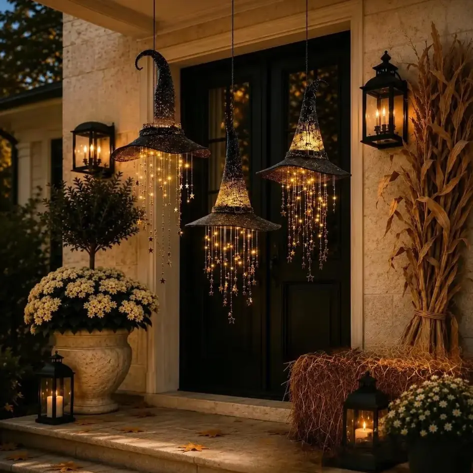 Lighted Halloween Witch Hat Hanging Decoration, Spooky Black Wizard Hat with Warm LED String Lights & Hanging Star Crystal Pendants, Indoor Outdoor Holiday Party Porch Home Decor Prop (35cm/13.78in)