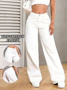 Nvfelix Women's American Casual Wide Leg Jeans Pants Y2K Street Style Slim Fit Daily Everyday Versatile Design, Loose-Fitting, Button Fly, All Seasons, Pocket