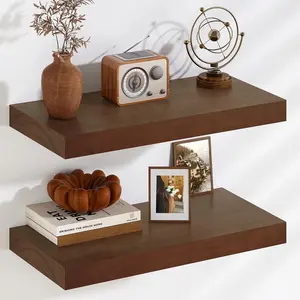 Floating Shelves, 9.3'' Deep Solid Pine Wood Wall Shelves for Storage, Wall Mounted Display Shelf with Invisible Heavy-Duty Metal Bracket, 24'' Width Set of 2, Walnut
