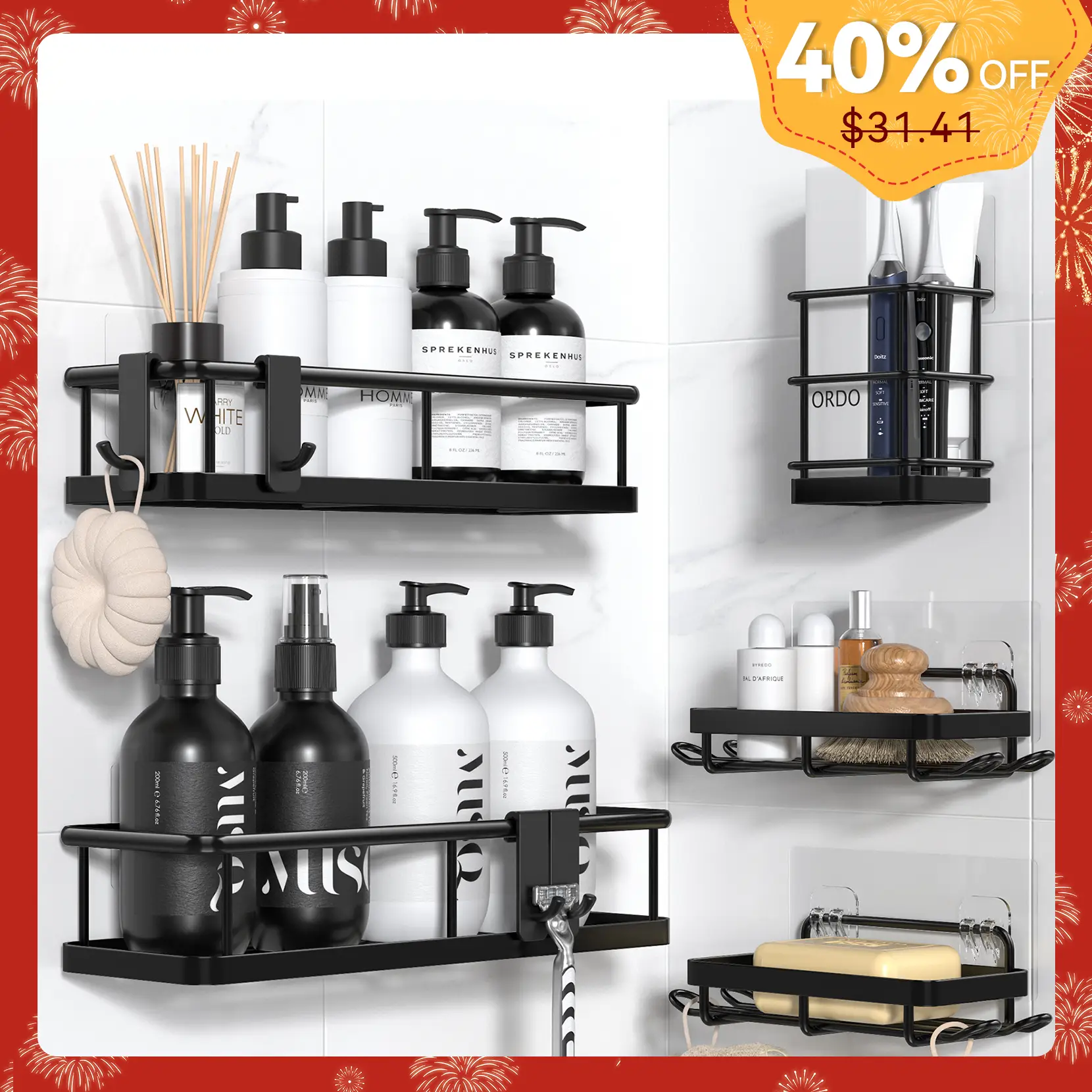 YASONIC Bathroom Accessories Storage Rack Set, 5/6 Counts/set Wall Mounted Shower Shelves, Punch Free Storage Organizer for Home Bathroom，dealsforyo