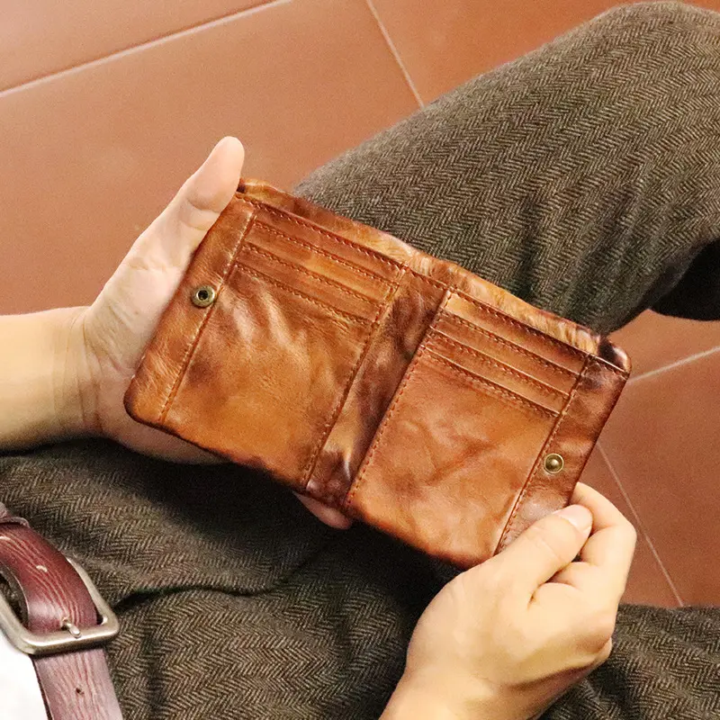Hand-painted vegetable-tanned leather wallet, vintage distressed style, for young students, vertical multi-functional wallet