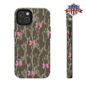 Bottomland Camo Pink Bow Ribbon Tough Phone Case for iPhone 16 15Pro, 14, 13, 12, 11, 8, XR Mini, Pro Max, Plus Gift For Her Love Hunting Accessories Protection Aesthetic Protector Compatible with Samsung Galaxy S25