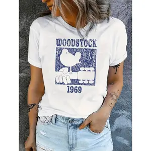 Woodstock 1969 Graphic Tee for Women Casual Crew Neck Short Sleeve Animal Pattern Summer Top