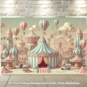 2D Flat, 1pc Carnival Ferris Wheel & Hot Air Balloons Party Backdrop - Pastel Pink, Blue, White, Beige Circus Tent Design - No Electricity Needed, Easy Hang Wallpaper-like Decoration for Birthday, Wedding, Photo Booth, Home, Office - Durable Polyester