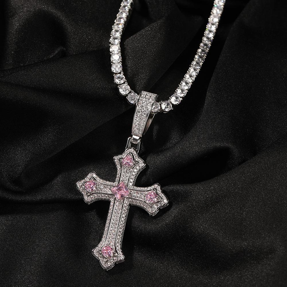 TISXTISW-HIPHOP Style Ice Necklace Jewelry 2 Piece Set, Single Cross Pendant + Twist Necklace, Tricolor Cross Necklace, Blue, Purple, Pink.  accessories for daily use necklace  merch