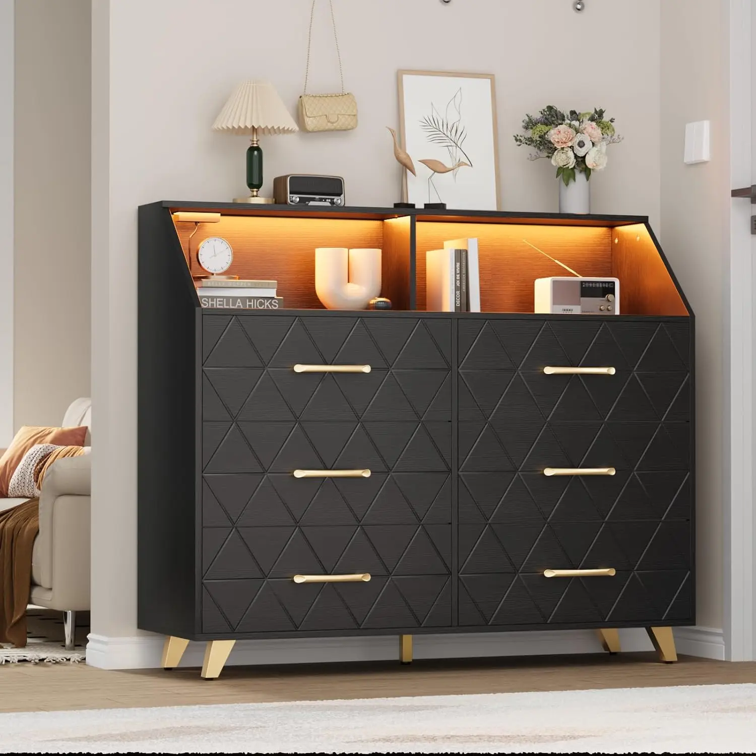 47-Inch Modern Black 6-Drawer Dresser with LED Light, Charging Station (2 AC Outlets, 2 USB Ports), Storage Shelf, Metal Legs - Drawer Organizer Cabinet, Credenza for Bedroom, Light Up Your Space