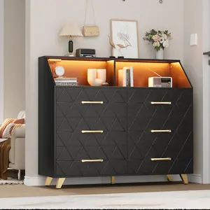 47-Inch Modern Black 6-Drawer Dresser with LED Light, Charging Station, Storage Shelf, Gold Legs - Drawer Organizer Cabinet, Credenza for Bedroom, Living Room