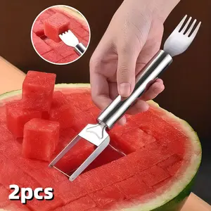 2-in-1 Watermelon Slicer and Fork, Stainless Steel Fruit Cutter Tool for Easy Slicing, Reusable Kitchen Gadget for Home and Restaurant Use
