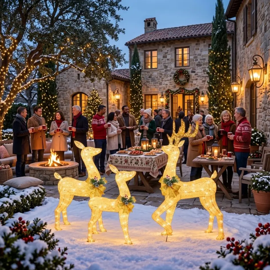 Christmas Lighted Reindeer Outdoor Decor, Family of 3 Light Up Deer Yard Stakes with Warm LED Bulbs & Bowknot, Waterproof Holiday Lawn, Garden, Pathway & Winter Wonderland Display
