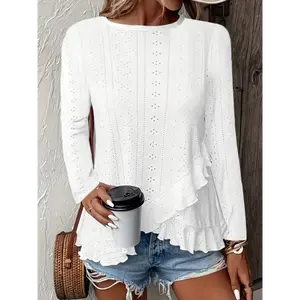 Stylish and Elegant Spring and Autumn Comfortable and Breathable Solid Color Jacquard Fabric Round Neck Ruffle Women's Long Sleeve Top T-shirt