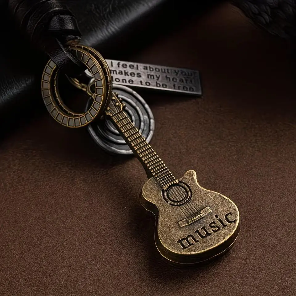 Vintage Guitar Keychain, Creative Leather Key Ring, Handmade Cowhide Design, Perfect Gift for Men, Unique Accessory for Backpacks, Keychain Decor