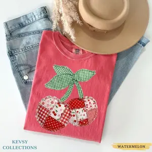 Comfort Colors® Cherry Shirt, Faux Patchwork Quilted Farmhouse Cherry Tee, Rustic Gingham Floral Cottagecore Fruits, Vintage Fruit Shirt