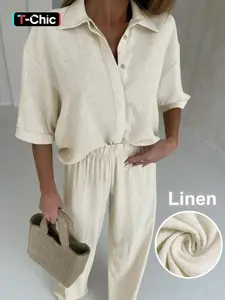 Women's Linen Woven Short Sleeve Shirt & Pants Set, Womenswear Suit Relaxed Fit and Casual Style Outfit for Everyday Wear