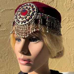 Embroidered Red Headpiece with Silver Chain Jewelry