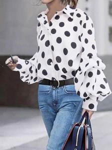 women's polka dot print lantern sleeve shirt, going out tops, casual long sleeve button front top for daily wear, ladies clothes for all seasons