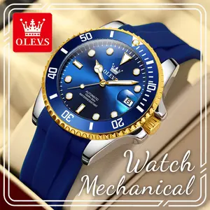 OLEVS 6650 Men Automatic Mechanical Men Watch, 41mm Gloss Blue Dial Large Single Date Window, Rotatable Bezel Luminous Hands Waterproof Soft Silicone Strap, Premium Birthday & Father’s Day Business Outdoor Gift for Men