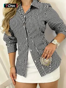 Women's Casual Striped Blouse Long Sleeve Shirt, Slim Fit, Front Button Design, Perfect for Daily Wear, Stylish and Comfortable, Ideal for Spring and Fall