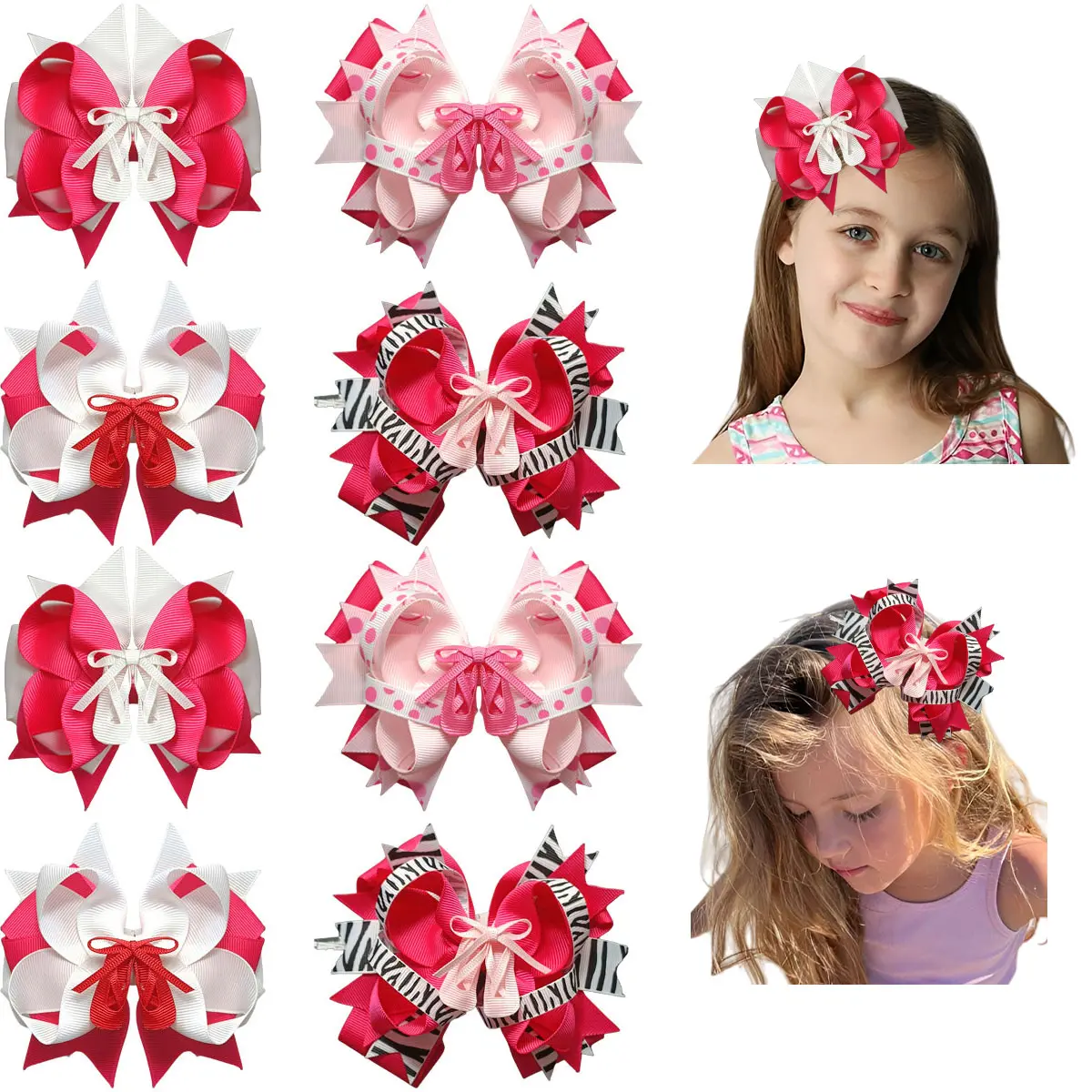 JoyBowie 8pcs Spiky Multi Layer Hair Bows for Toddler Girls, 4 Styles Contrast Color Grosgrain Ribbon Bow Clips with Alligator Barrettes, Cute Kids Ponytail Hair Accessories for School, Birthday Party & Daily Wear