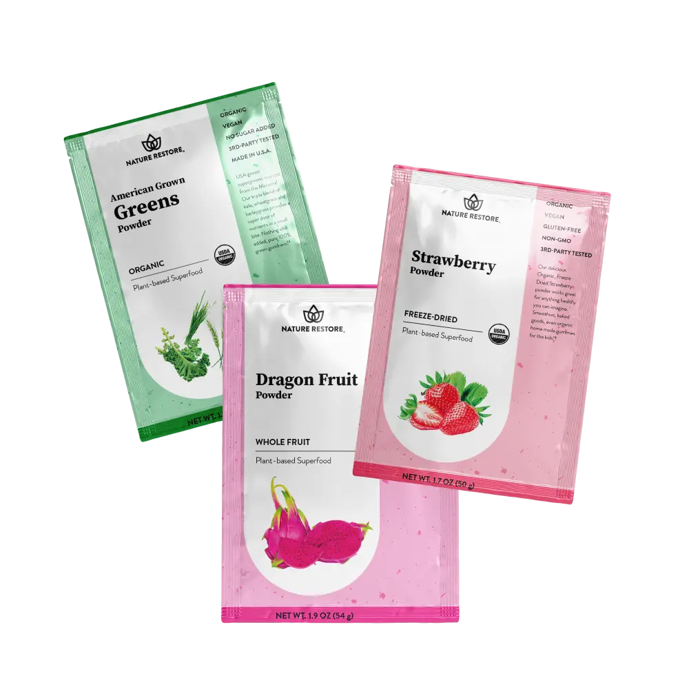 Nature Restore Smoothie Bundle Starter Kit - American Greens, Strawberry, and Dragon Fruit Powder Healthcare Dietary
