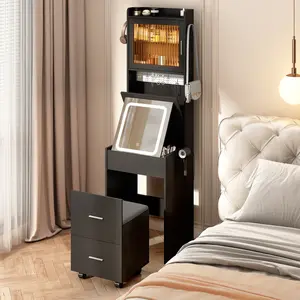 HAOYYE Small Vanity Desk with LED Mirror, Adjustable Lighting, Charging Station & Storage Shelves, Compact Makeup Table with Hidden Storage Stool, Space-Saving Mini Corner Vanity Set for Bedroom, Black