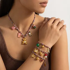 Women's 18K Gold Plated Braided Colorful Cord Jewelry Set - Hypoallergenic Boho Accessories with Whimsical Charm Necklace, Bracelet and Versatile Heart Locket Pendant