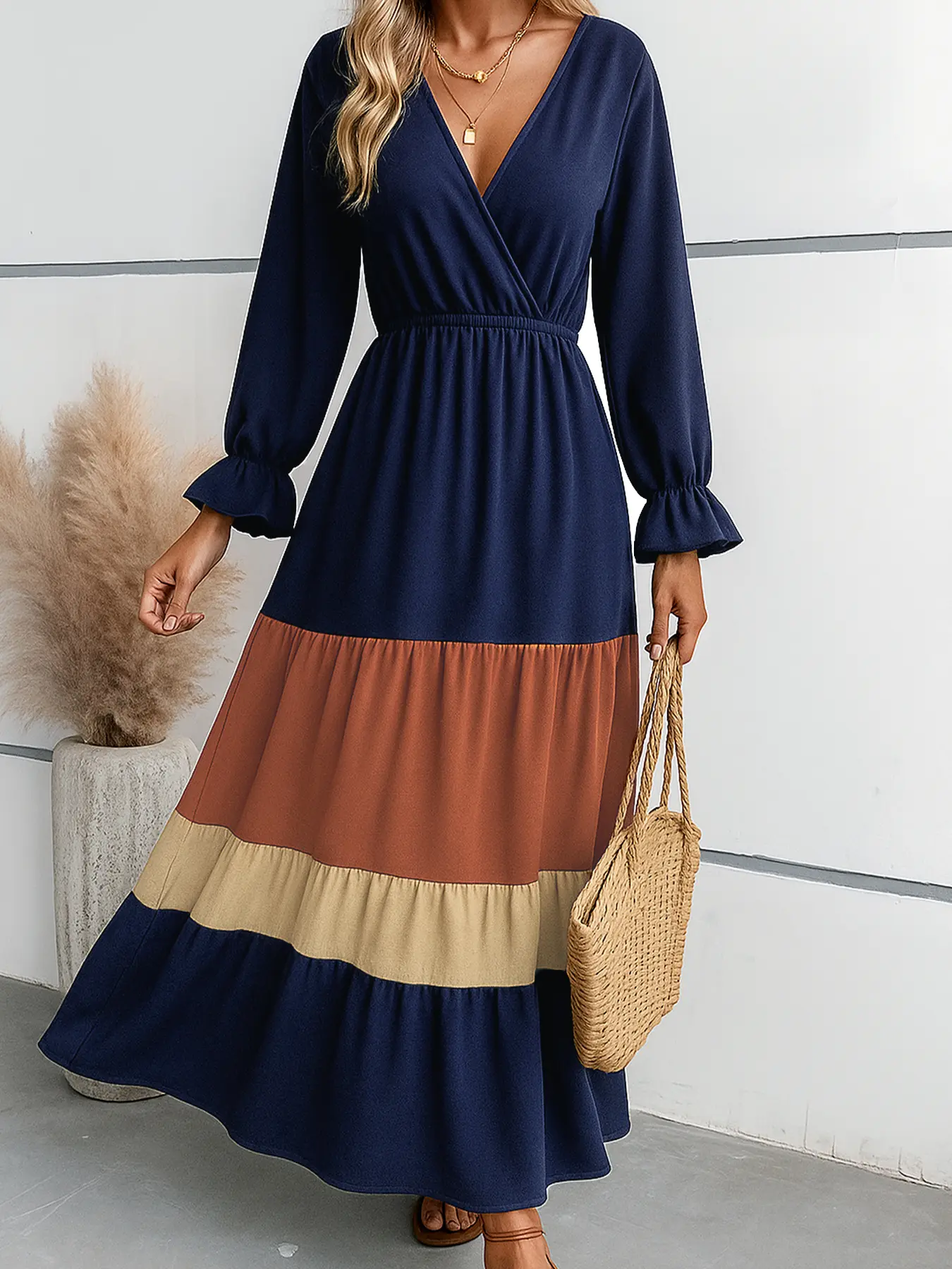 Women's Casual Maxi Dress, Color Block Tiered A-Line Gown with V-Neck, Long Balloon Sleeves, and Flattering Stretchy Elastic Waist, Colorful Statement Casual Dresses, Flattering Comfy Casual Dresses