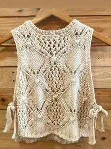 Women's Hollow Out Vintage Knit Vest, Casual Fitted Lightweight Sweater Jacket for Spring & Summer, Colorblock Design, All Seasons Wear