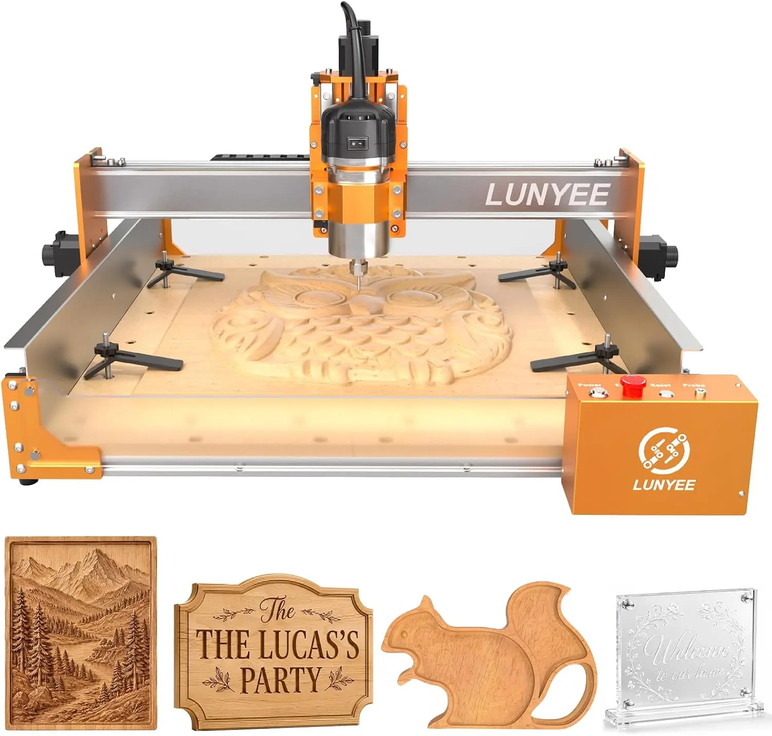 LUNYEE 4040 Pro Max CNC Router Machine with 800W Router, 400 x 400 x 90mm Working Area, Linear Guide Z Axis, Ball Screw Drive, Desktop CNC for Wood, MDF, Acrylic, PCB and Light Aluminum