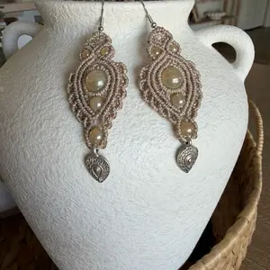 Bohemian Macrame Earrings with Gold Beads – Handmade by Thay’s Macramé