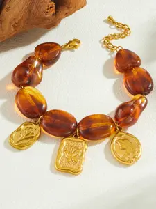 Stainless steel vintage chunky amber resin charm bracelet for women