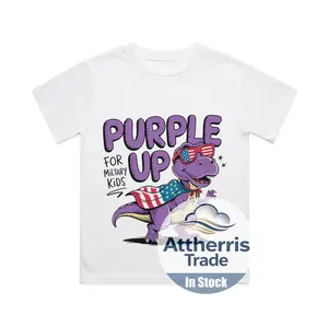 Purple Up for Military Kids Military Child Month Dinosaur Cotton T-shirt, Graphic Print Round Neck Short Sleeve Casual Tee for Boys Girls
