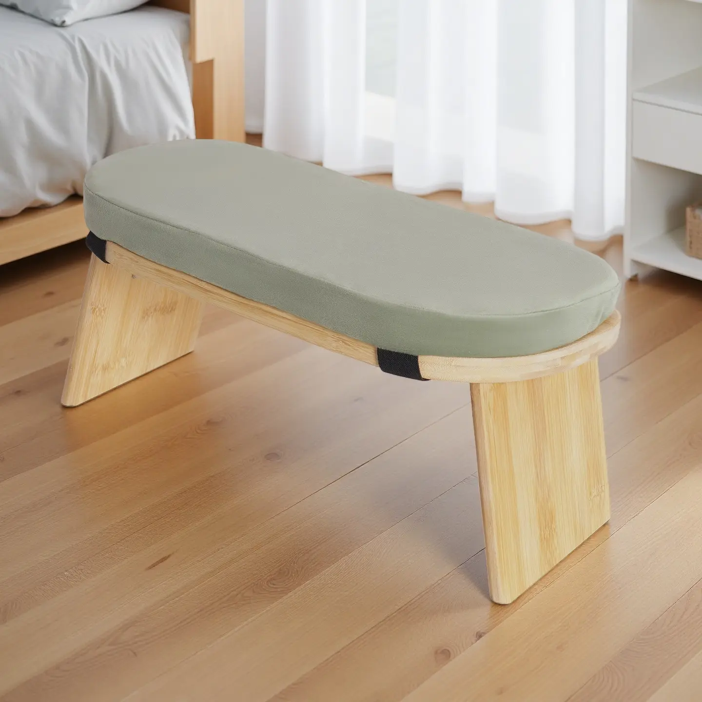 CNCEST Foldable Bamboo Meditation Bench - Portable Backless Armless Yoga Stool with Velvet Cushion, Ergonomic Design for Stable Comfortable Home Practice, Ideal for Beginners
