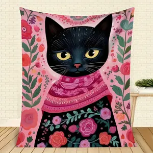 Ultra-Soft Flannel Blanket with Black Cat & Pink Floral Design - Cozy Warm All-Season Throw for Camping, Sofa, Bed, Office - Machine Washable, Stylish Decor & Ideal Gift, Blanket for Bed, Indoor Comfort, Playful Design, Jacquard Weave