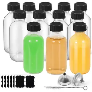 12-Pack 2oz Glass Bottles with Lids - Leakproof 60ml Decorative Boston Round Shot Bottles with Funnels, Brush, Labels for Ginger, Juice & Vanilla Extract - Mini Travel Size