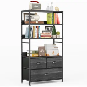 6 Shelf Bookshelf, 47 Inch Small Bookcase with 3 Fabric Storage Drawers, Wood and Metal Bookshelf Storage Organizer, Industrial Display Vertical Shelving Unit for Bedroom, Living Room, Black