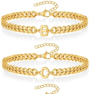 Magic Chain 26 Initials Men's Cuban Link Bracelet, Stainless Steel Non-Fading Couples Bracelet Set, Gold Brass Figaro Jewelry Chaincuffs