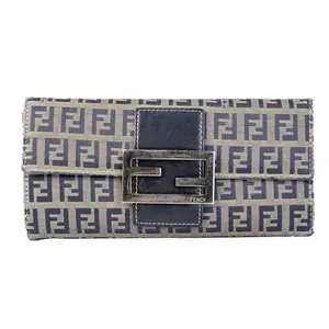 Pre-owned FENDI Canvas/Leather Small Leather Goods F26020195 Navy Zucca canvas Long Wallet