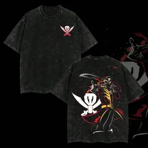 Unisex Double Print Gokaiger Pirate Captain Vintage Acid Washed Cotton Short Sleeve Top Dark Y2K Punk Streetwear Apparel Perfect for Daily Errands Road Trip Gym Training Great Holiday Gift and Daily Outfit for Tokusatsu Fans